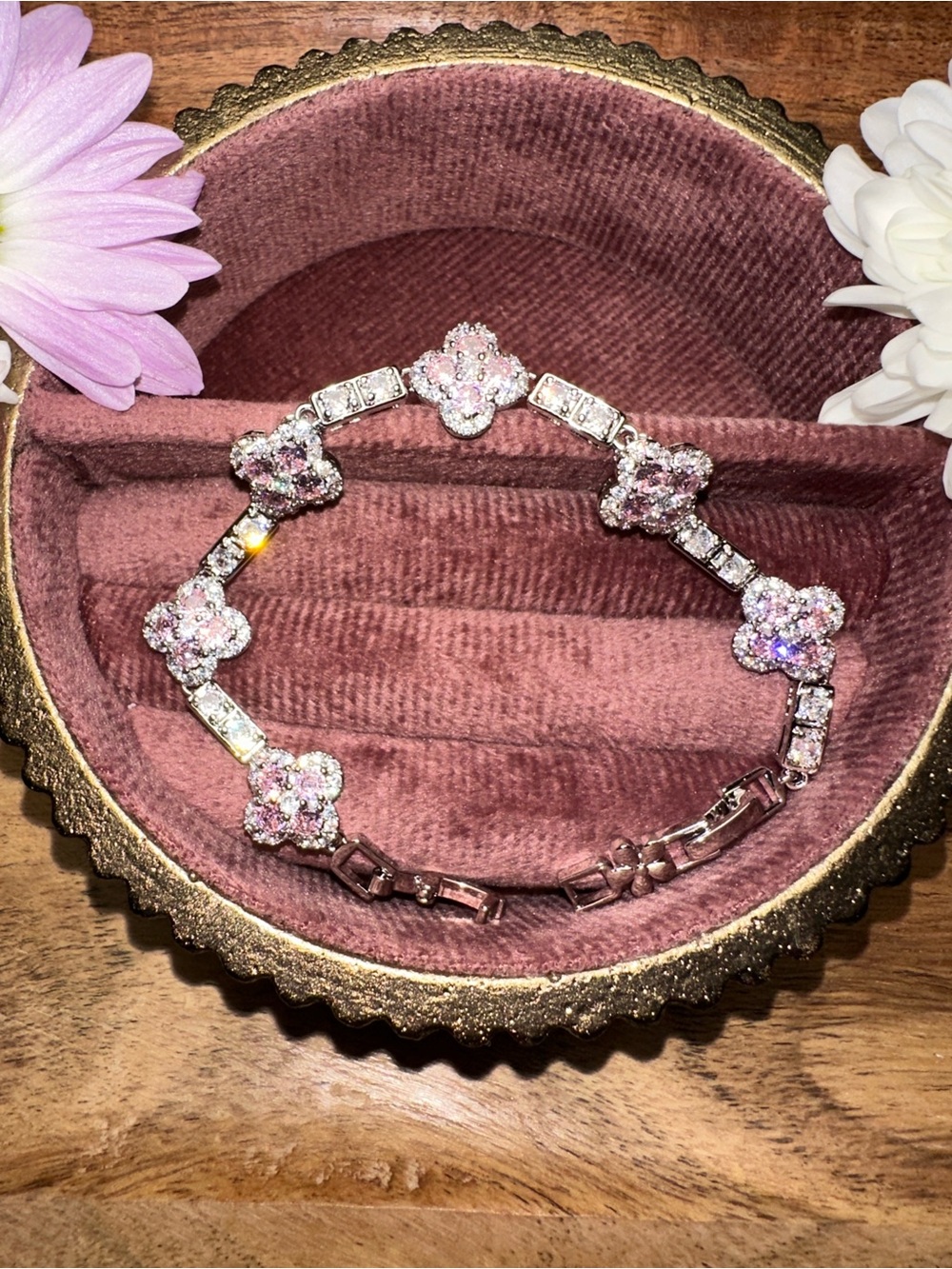 Sparkling Pink Clover Crystal Floral Tennis Bracelet - Picture 6 of 6